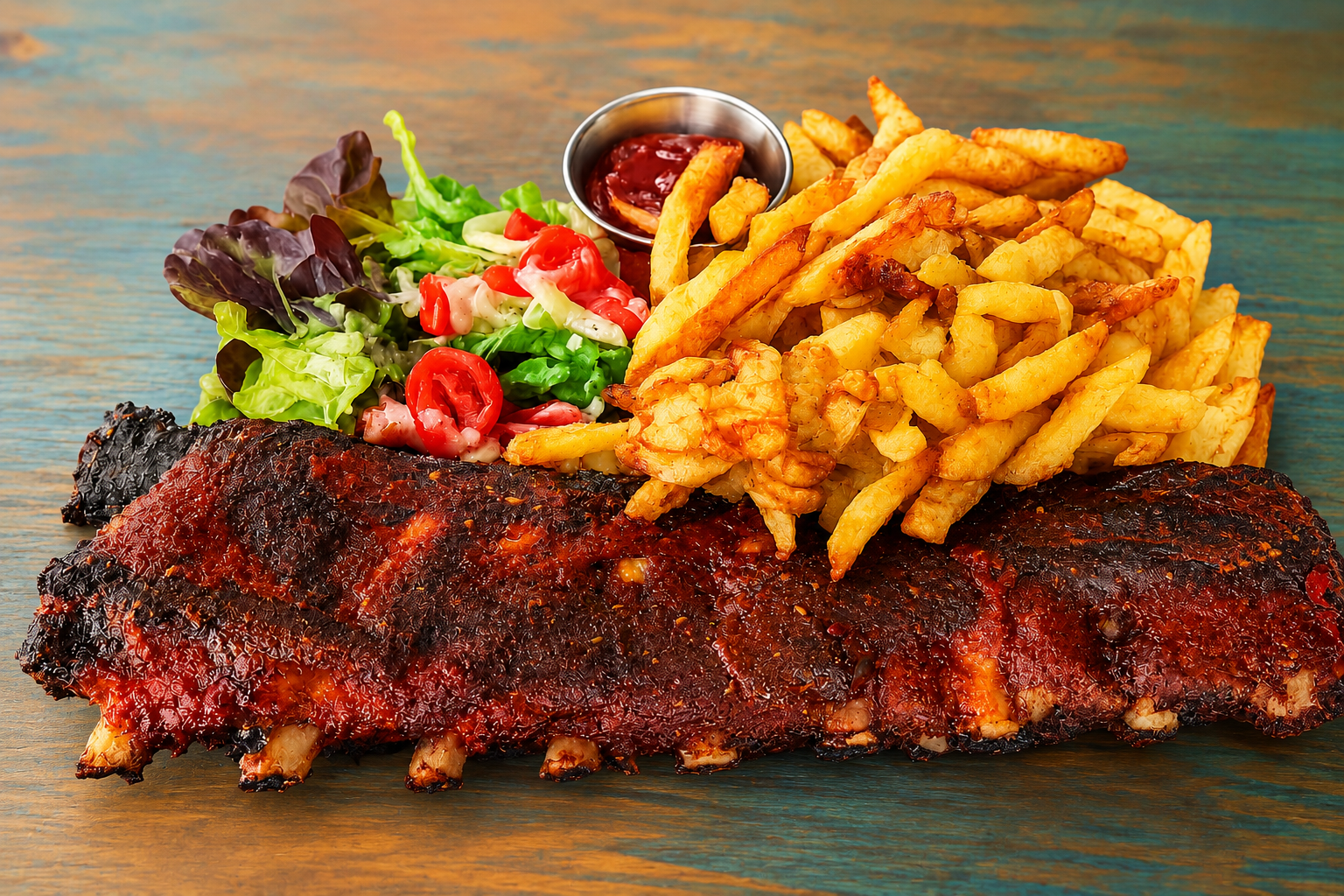 Ribs de porc laqués servis avec des frites fraîches maison